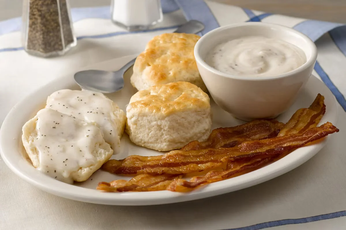 Cracker Barrel's Biscuits n' Gravy with Bacon or Sausage, featuring fluffy biscuits topped with creamy gravy and served with crispy bacon or sausage.
