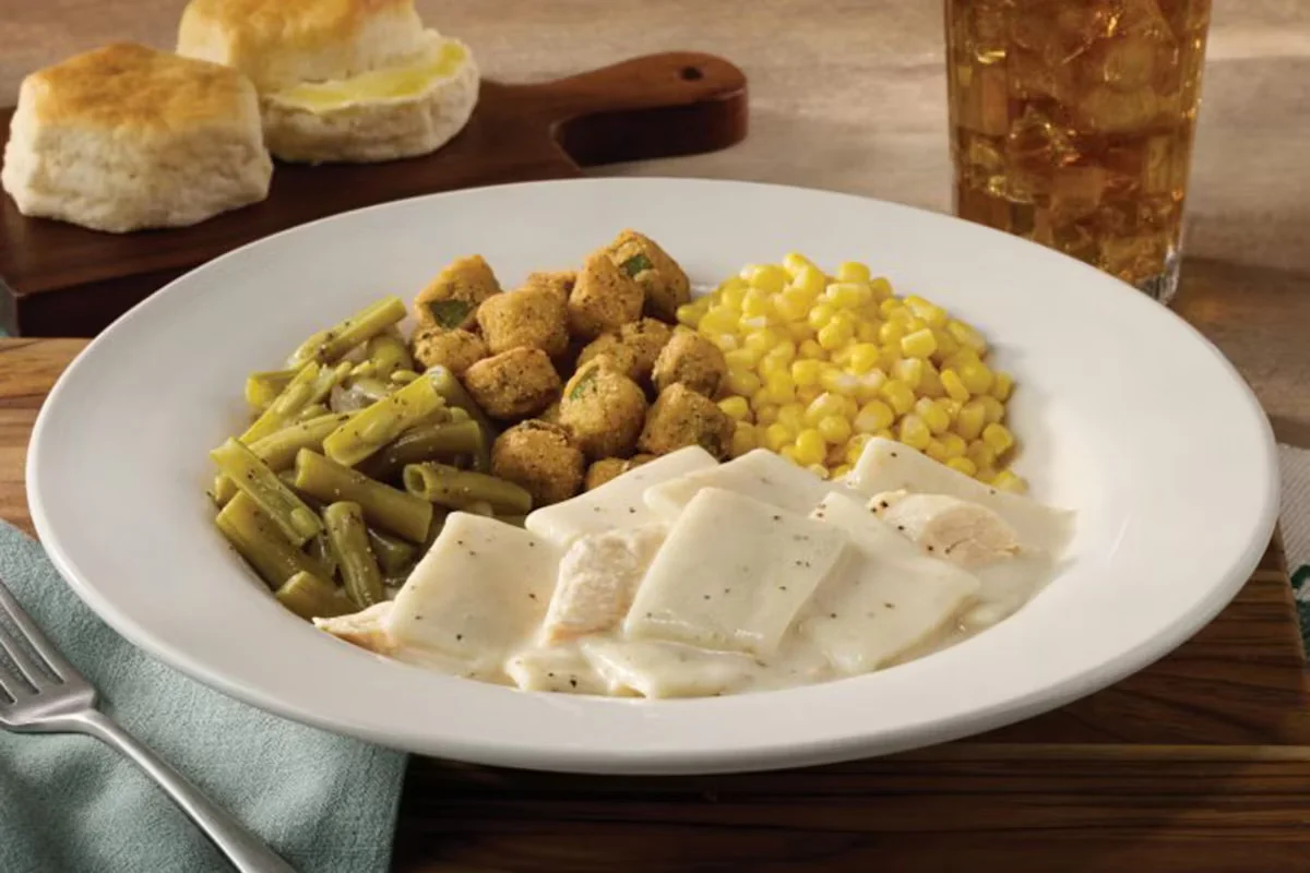 Cracker Barrel's Chicken n' Dumplins with tender chicken and fluffy dumplings in a savory, seasoned broth.