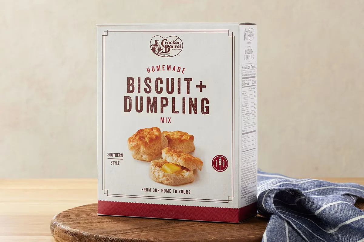 Cracker Barrel's Biscuit and Dumpling Mix, a convenient mix for creating fluffy biscuits and tender dumplings at home.