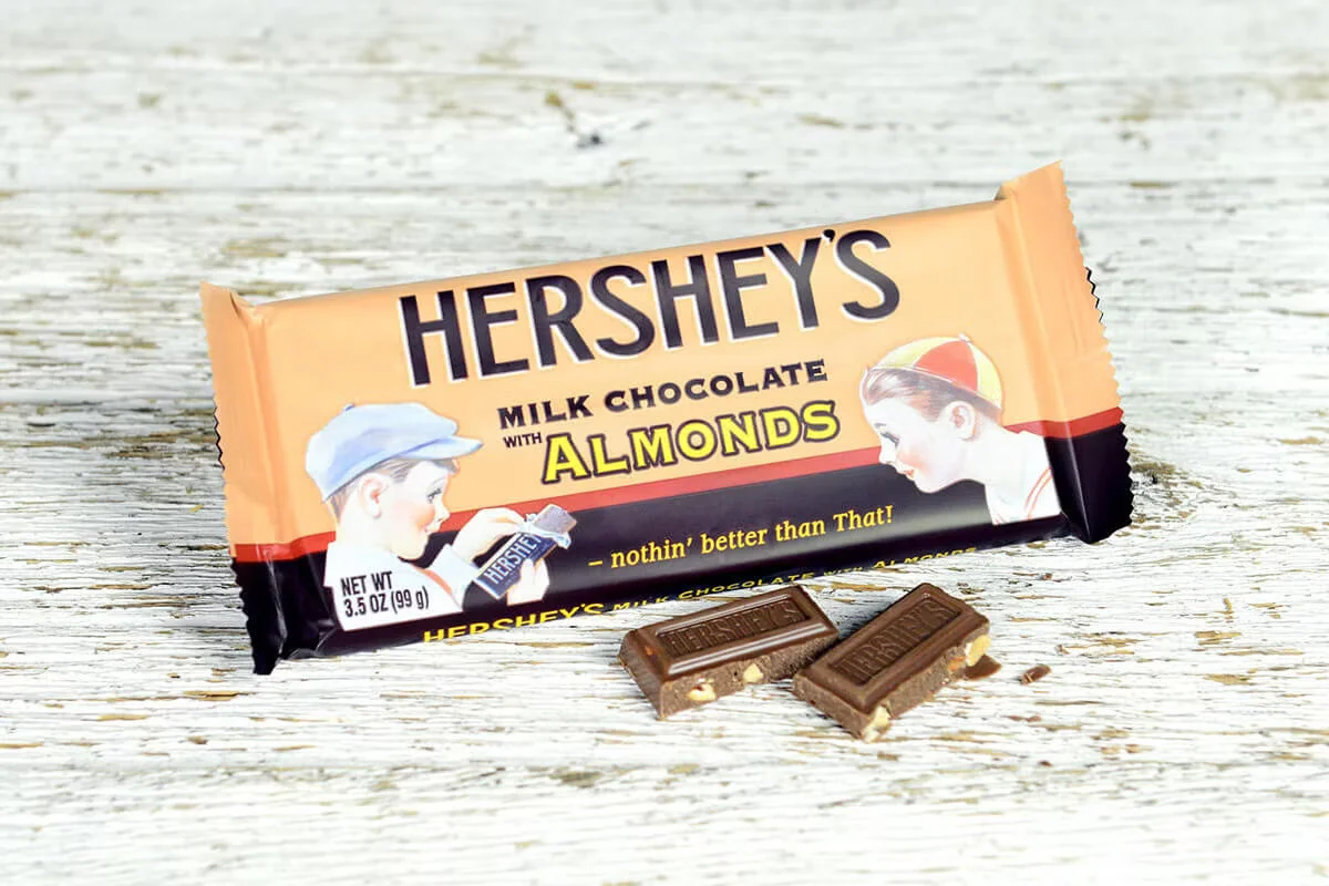 Hershey® Milk Chocolate Bar with Almonds, featuring creamy milk chocolate and crunchy roasted almonds for a classic treat.