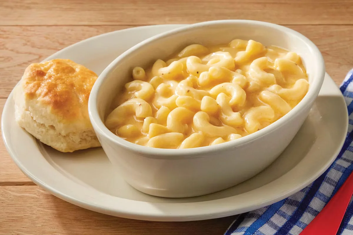 Cracker Barrel's Mmmm Mac n’ Cheese, creamy and cheesy pasta served warm for a comforting meal.
