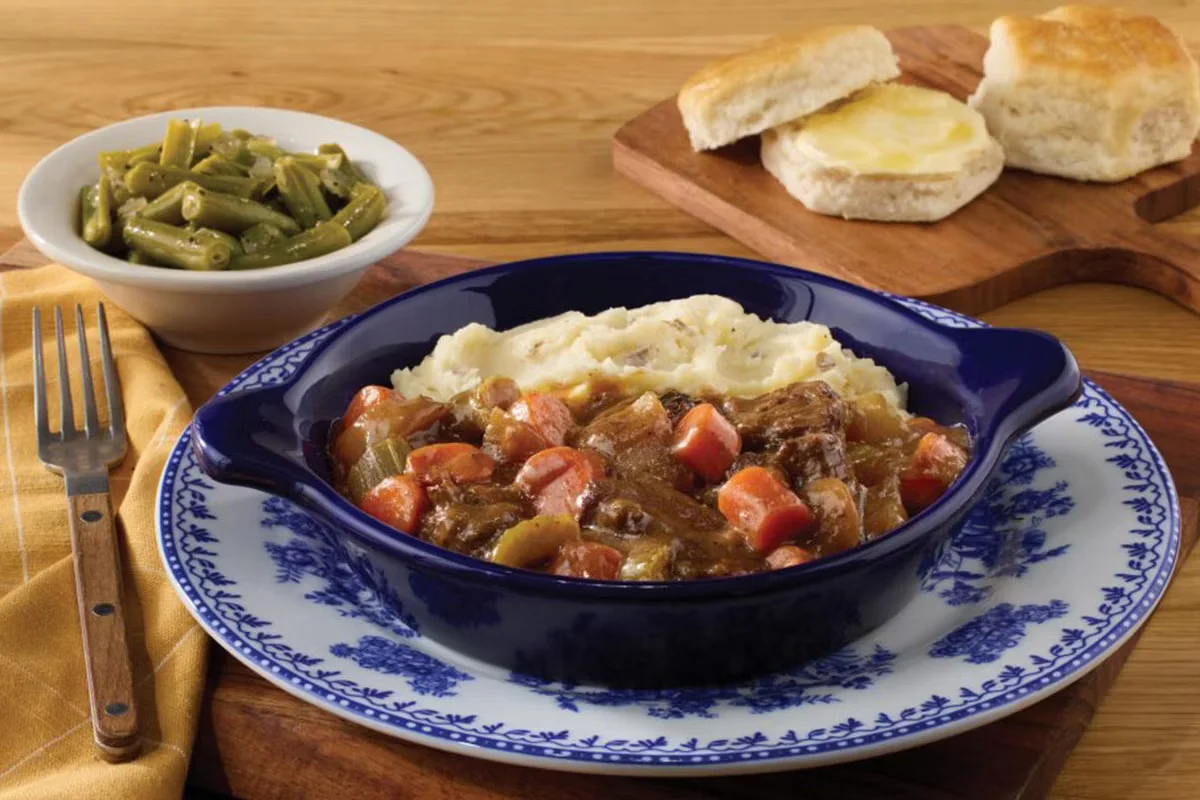 Cracker Barrel's Pot Roast with tender beef, hearty vegetables, and savory gravy.