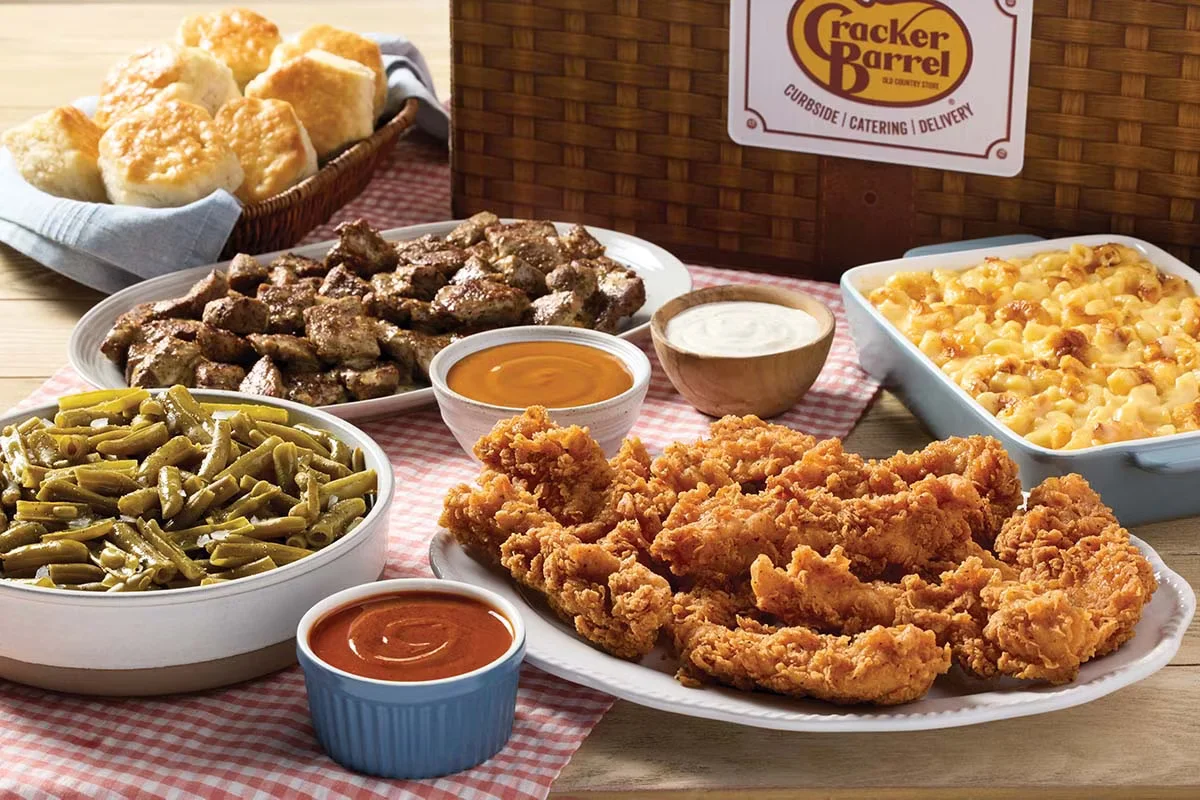Cracker Barrel's Sirloin Steak Tips n' Tenders Family Meal with grilled steak tips, crispy chicken tenders, and homestyle sides.