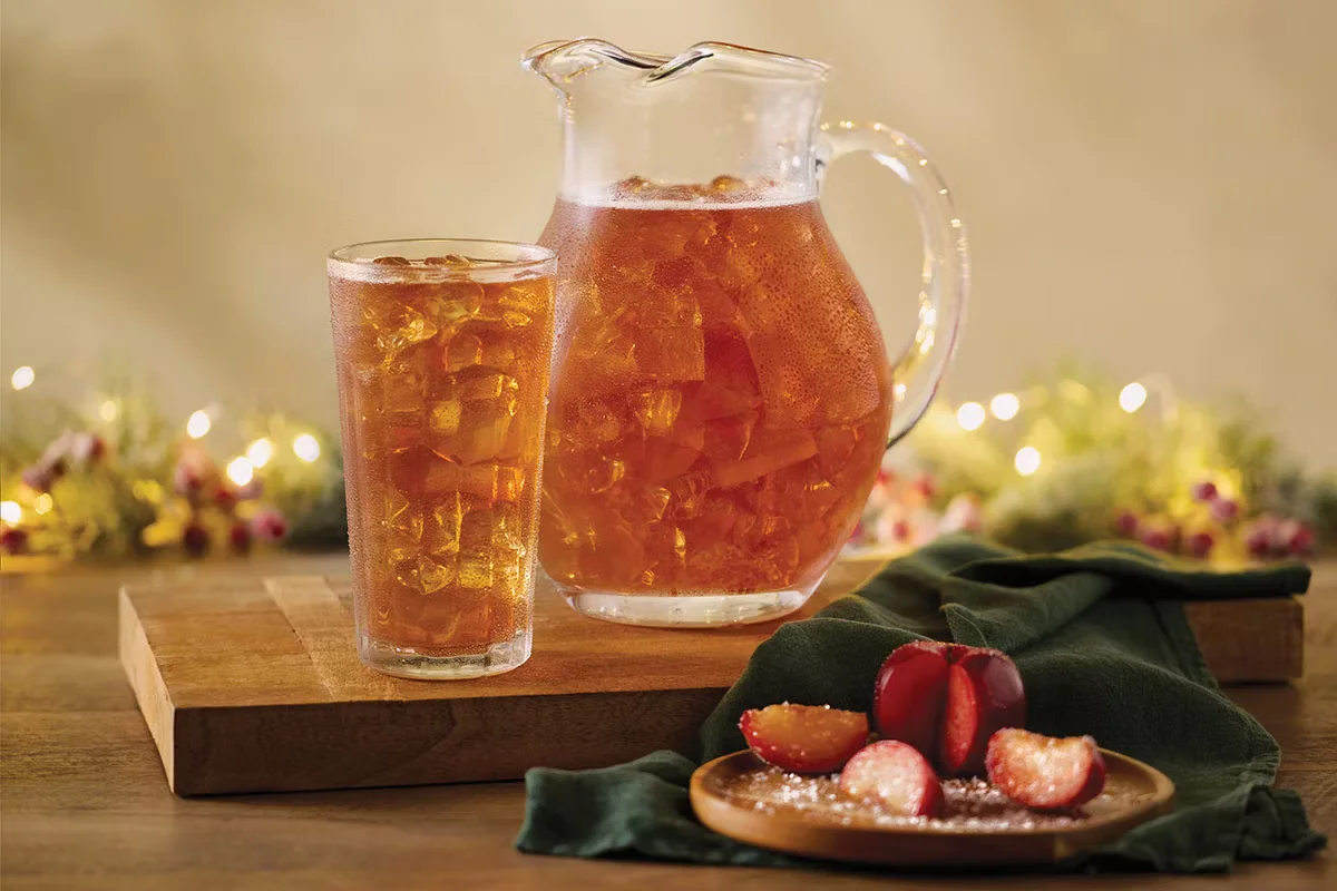 Cracker Barrel's Sugar Plum Tea Half Gallon, a sweet and fruity iced tea blend perfect for sharing.